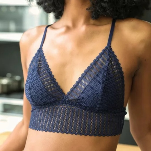 Navy Ribbed Lace Boho Triangle Bralette - Picture 1 of 5